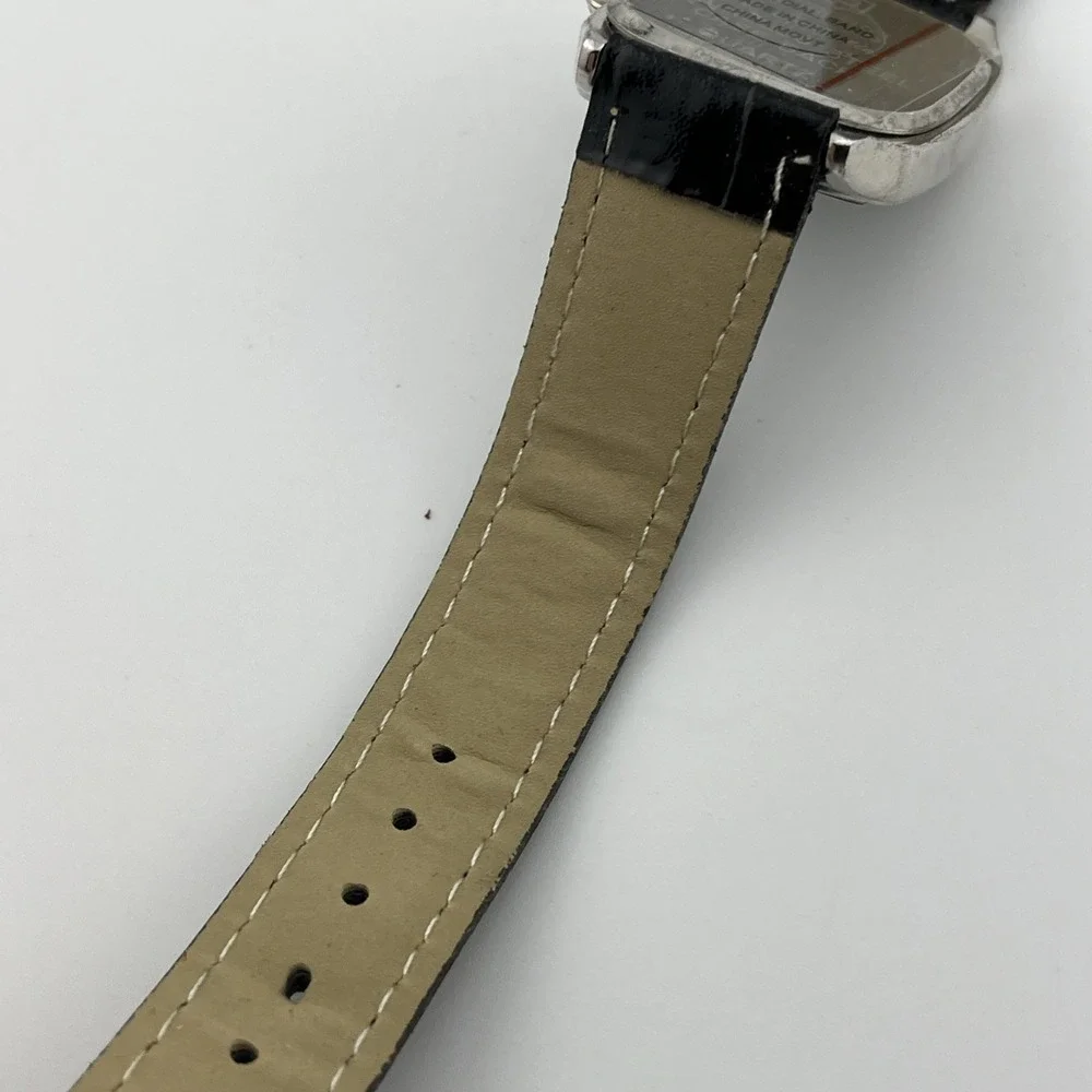 QBOS Watch‎ Women 30mm Silver Case Black Faux Leather Band- New Battery